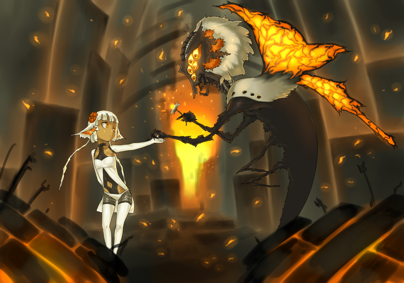asgr, pixiv fantasia, pixiv fantasia 2, bad id, bad pixiv id, 1girl, arm behind back, blunt bangs, dark-skinned female, dark skin, flower, halterneck, navel, science fiction, standing, thighhighs, white hair, white thighhighs, wings