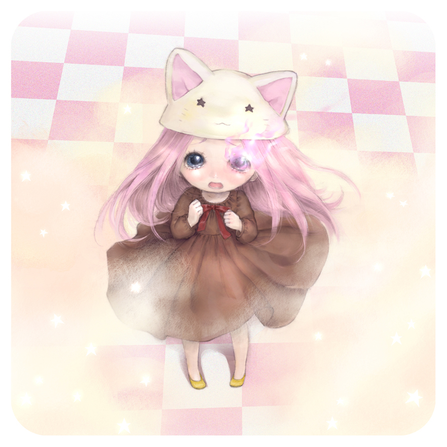 kabasawa kina, megurine luka, megurine luka (toeto), black rock shooter, toeto (vocaloid), vocaloid, bad id, bad pixiv id, 10s, 1girl, animal hat, black dress, blue eyes, cat hat, checkered floor, clenched hands, dress, female focus, glowing, glowing eyes, hat, long hair, looking at viewer, pink hair, ribbon, shoes, solo, standing, very long hair, yellow shoes
