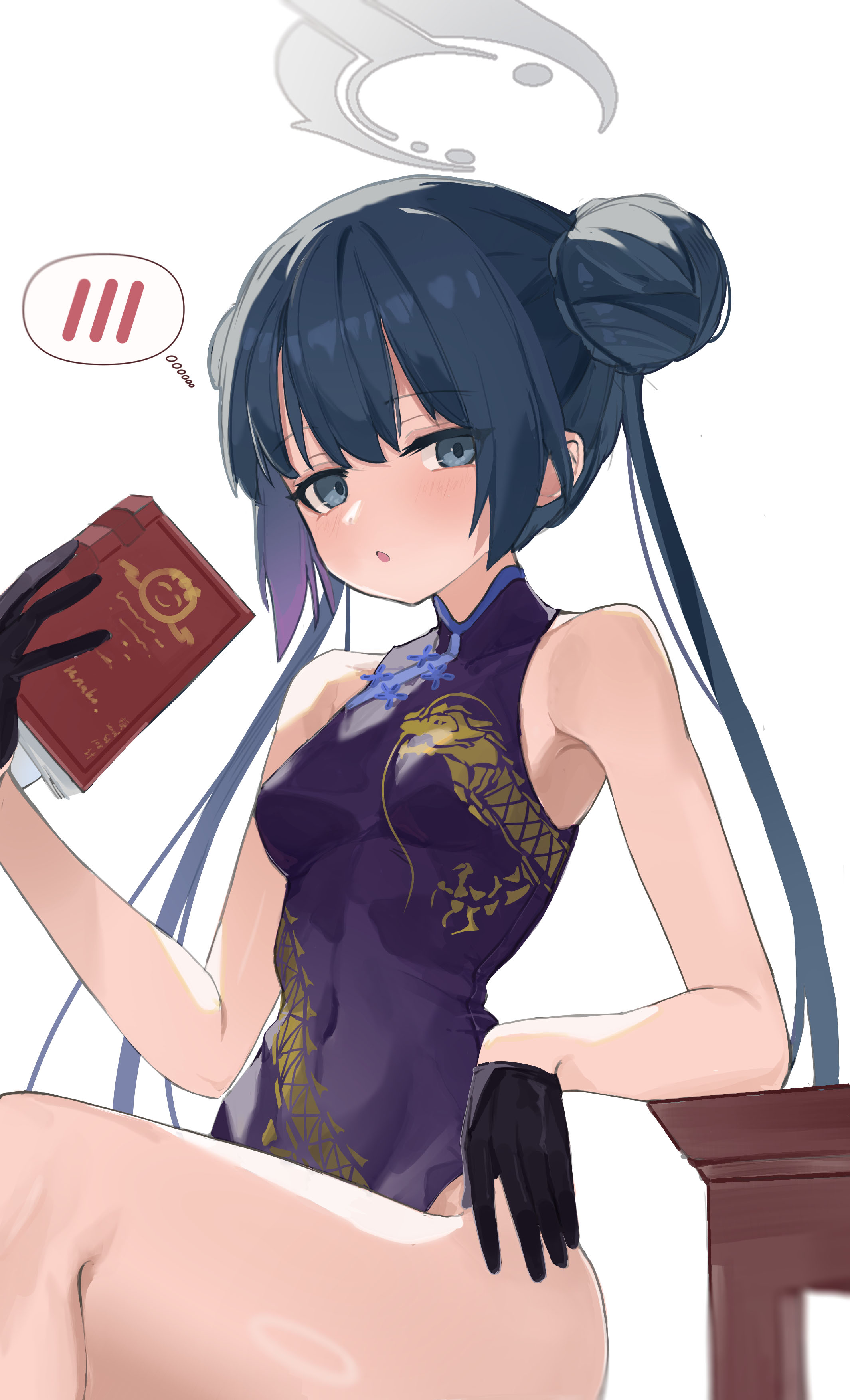sercet, kisaki (blue archive), blue archive, absurdres, chinese commentary, commentary request, highres, 1girl, :o, bare shoulders, black dress, black gloves, black hair, blush, book, breasts, china dress, chinese clothes, covered navel, double bun, dragon print, dress, eyes visible through hair, gloves, grey eyes, grey halo, hair between eyes, hair bun, half gloves, halo, hand up, holding, holding book, long hair, looking at viewer, open mouth, print dress, sidelocks, simple background, sitting, sleeveless, sleeveless dress, small breasts, solo, speech bubble, spoken blush, straight hair, thighs, thought bubble, twintails, very long hair, white background