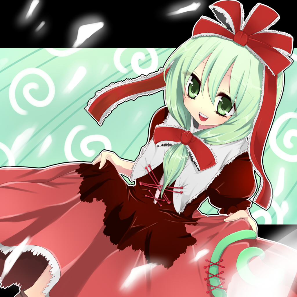 kanaritu, kagiyama hina, touhou, bad id, bad pixiv id, 1girl, female focus, front ponytail, green eyes, green hair, hair ribbon, ribbon, solo, standing