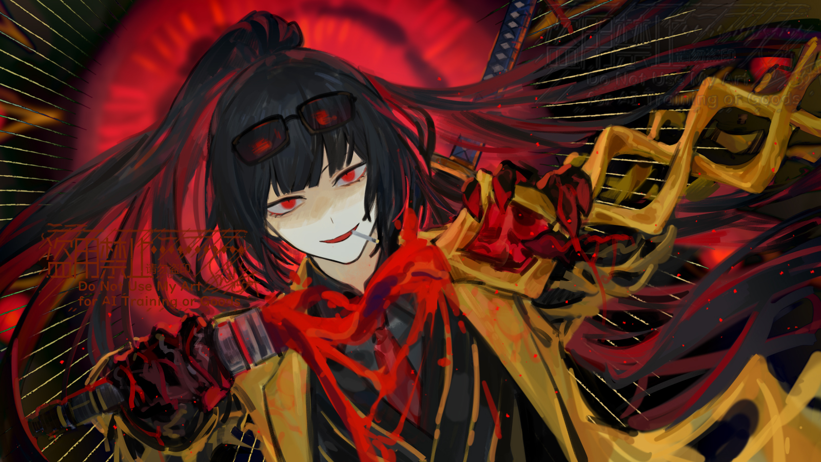 nishikujic, ryoshu (project moon), limbus company, project moon, hashtag-only commentary, highres, 1girl, black hair, black shirt, black vest, blood, blood splatter, blunt bangs, cigarette, coat, collared shirt, contempt awe (e.g.o), dutch angle, e.g.o (project moon), eyewear on head, gold trim, hair flowing over, high ponytail, holding, holding polearm, holding weapon, light rays, looking at viewer, necktie, official alternate costume, open clothes, open coat, polearm, ponytail, red eyes, red necktie, shirt, sidelocks, smirk, solo, spear, sun behind head, upper body, vest, weapon, yellow coat