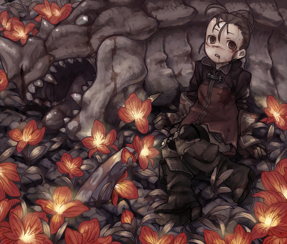 inuinu (project october), ken makiba, fighter (7th dragon), moiko (7th dragon), 7th dragon, 7th dragon (series), sega, 1girl, blood, dragon, female focus, floro (7th dragon), flower, forehead, gloves, monster, solo, sword, weapon