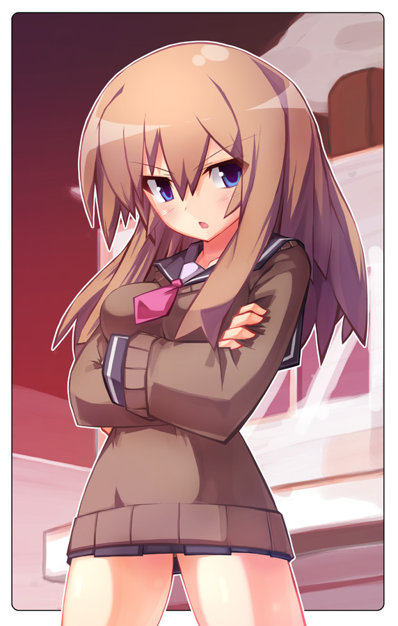 ooyama jyuna, ooyama kina, original, bad id, bad pixiv id, 1girl, blue eyes, breasts, brown hair, cardigan, crossed arms, female focus, necktie, rounded corners, school uniform, skirt, solo, sweater