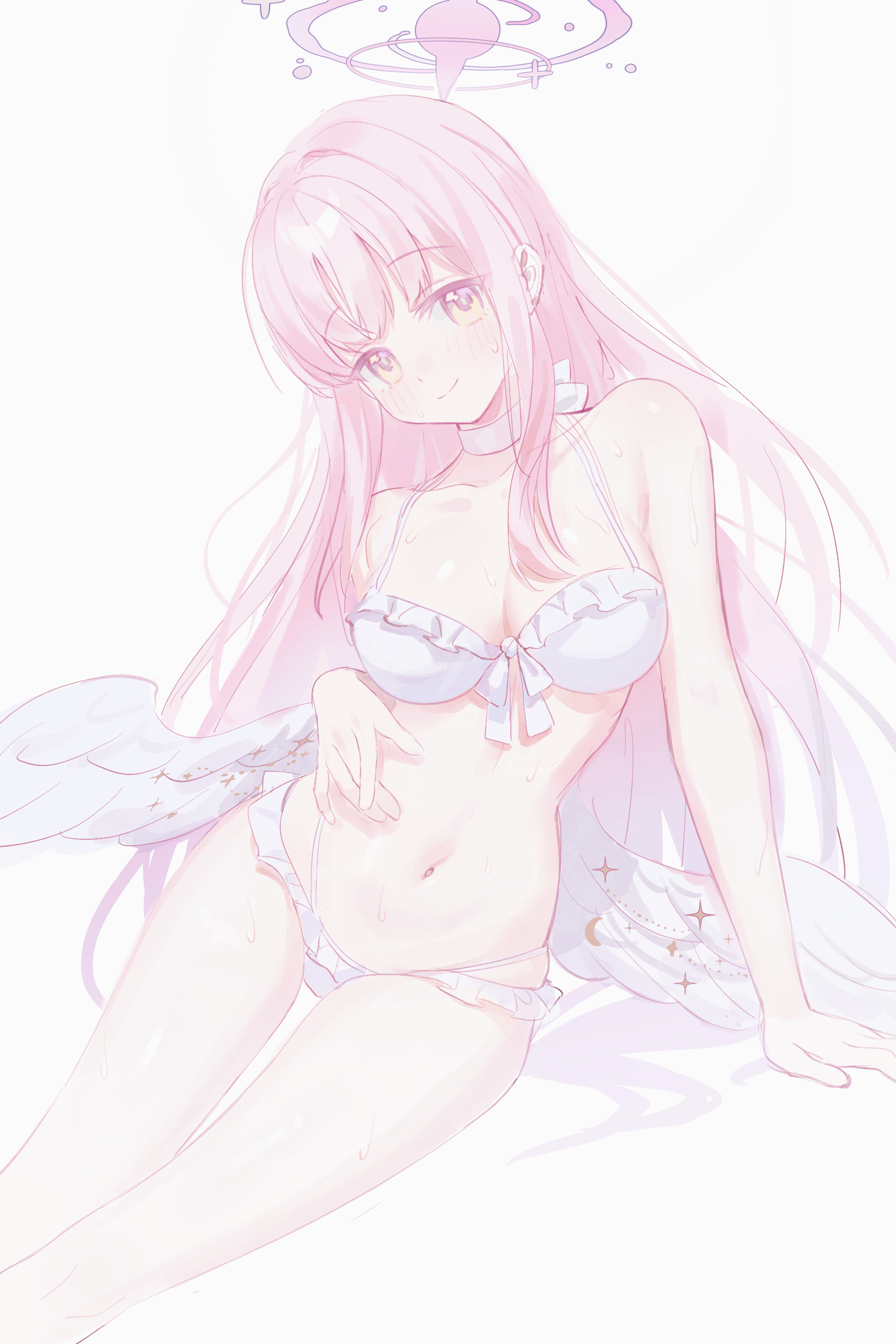 mika (blue archive), mika (swimsuit) (blue archive), blue archive, absurdres, highres, 1girl, angel wings, bare arms, bikini, blush, breasts, cleavage, closed mouth, collarbone, feathered wings, frilled bikini, frills, krixxis4, long hair, looking at viewer, low wings, official alternate costume, official alternate hairstyle, pink hair, simple background, smile, solo, swimsuit, very long hair, white background, white bikini, white wings, wings, yellow eyes