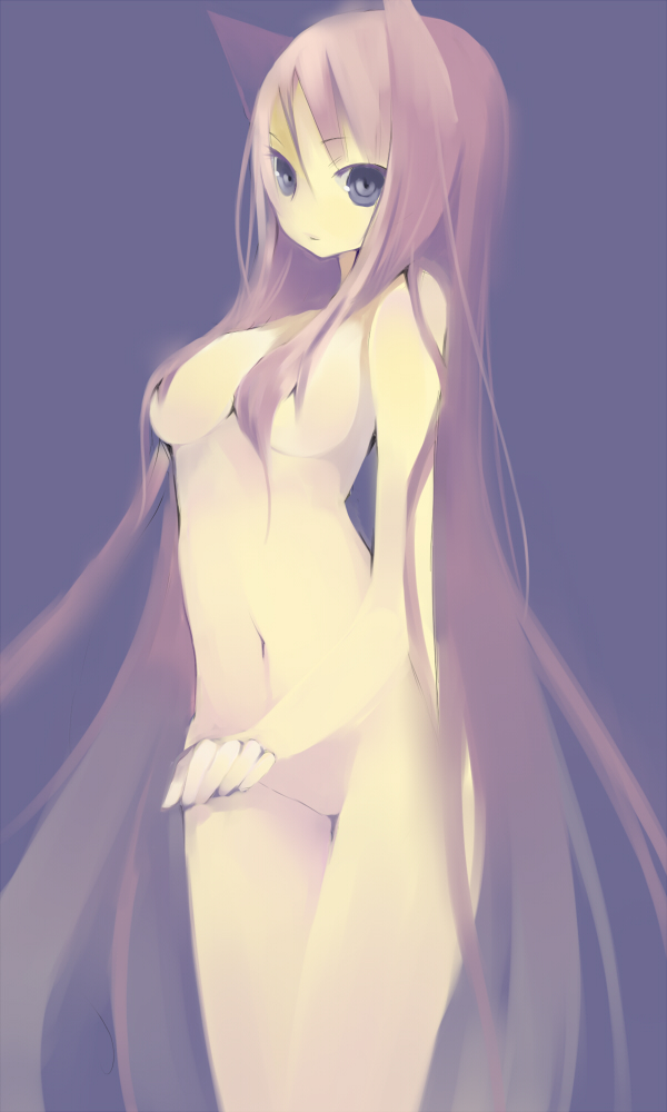 saibashi, original, 1girl, animal ears, blue eyes, breasts, censored, convenient censoring, cropped legs, female focus, hair censor, hair over breasts, long hair, looking at viewer, navel, nude, pink hair, solo, very long hair
