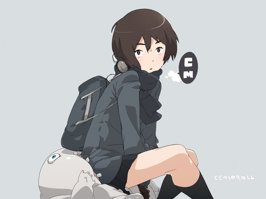 uki atsuya, cenco, yuki (cencoroll), cencoroll, minimized, 1girl, bag, brown hair, headphones, headphones around neck, kneehighs, scarf, short hair, sitting, skirt, socks