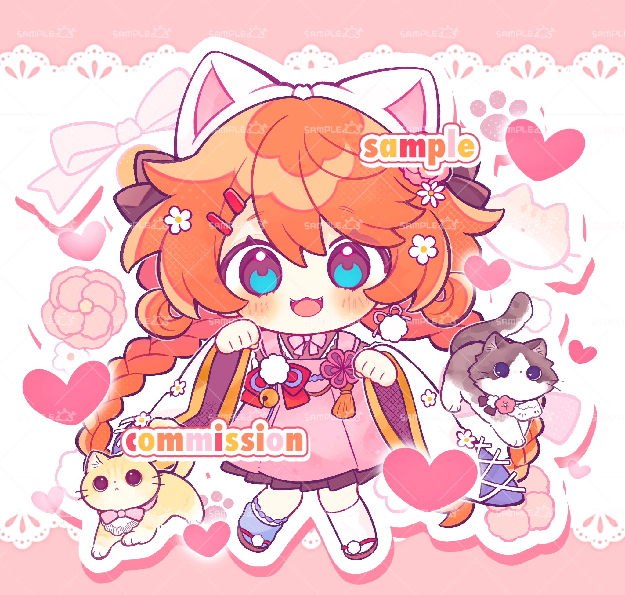 inomo (qimoshu), original, commentary, commission, hashtag-only commentary, highres, 1girl, :3, :d, animal ears, apron, asymmetrical legwear, blue eyes, blue socks, blush, braid, brown sandals, cat, cat ears, cat girl, chibi, chibi only, drop shadow, fangs, full body, hands up, heart, japanese clothes, kimono, long hair, long sleeves, looking at viewer, mismatched legwear, open mouth, orange hair, outline, paw pose, pink apron, sample watermark, sandals, smile, socks, solo, standing, twin braids, watermark, watermark grid, white kimono, white outline, white socks, wide sleeves