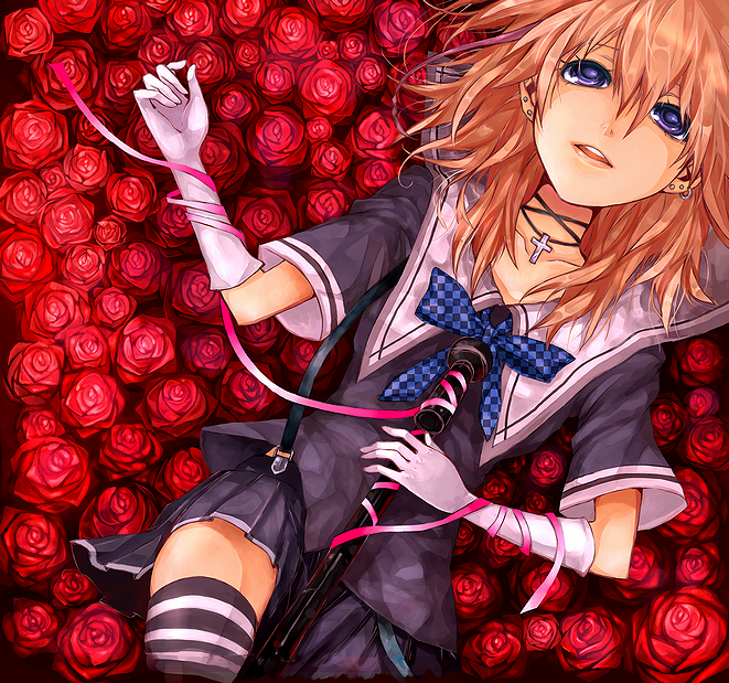 koushi rokushiro, original, bad id, bad pixiv id, blonde hair, bow, cross, earrings, flower, gloves, jewelry, microphone, necklace, ribbon, rose, school uniform, serafuku, solo, striped clothes, striped thighhighs, thighhighs