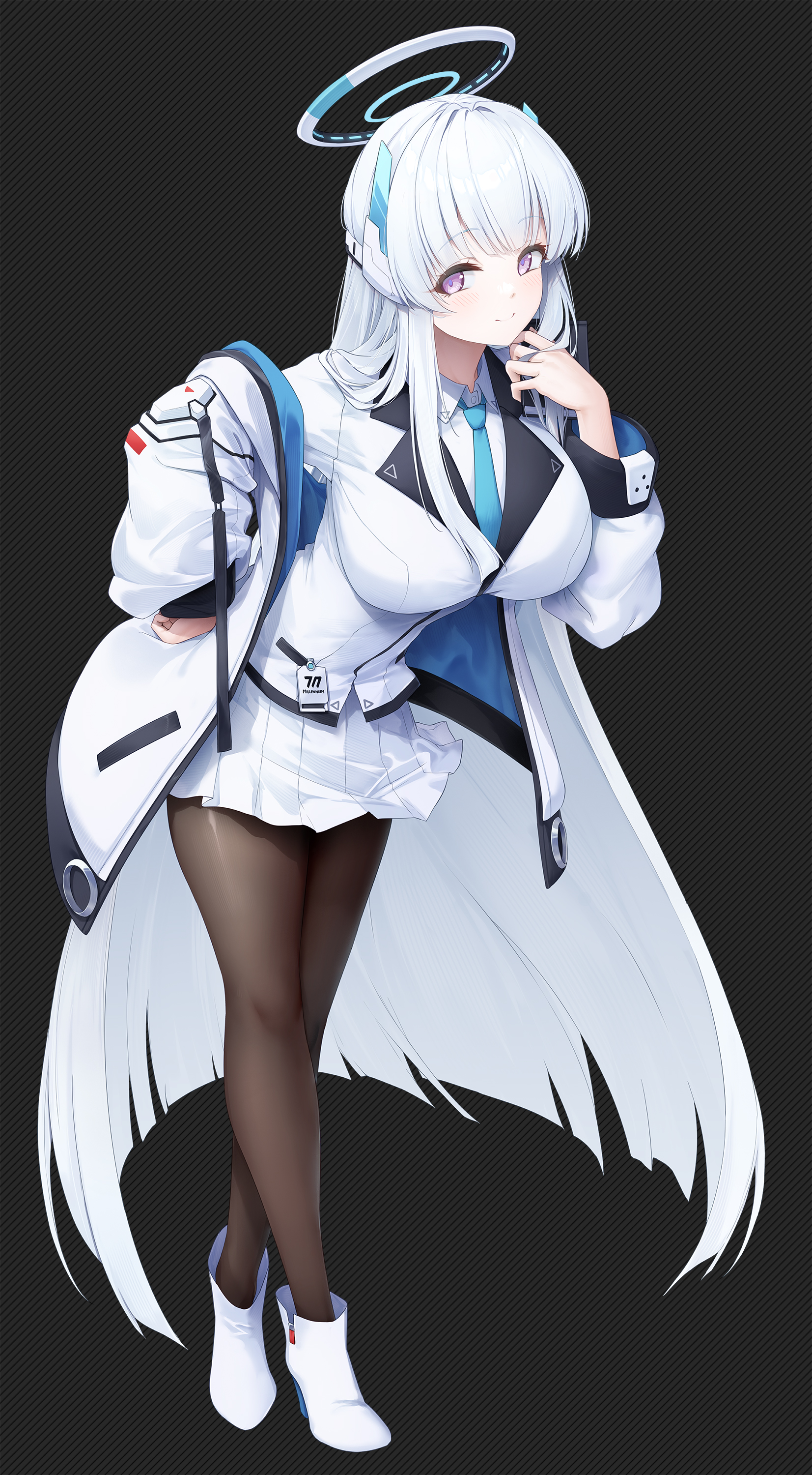 xfate, noa (blue archive), blue archive, absurdres, commentary, highres, 1girl, ankle boots, black background, blue jacket, blue necktie, blunt ends, blush, boots, border, breasts, brown pantyhose, closed mouth, collared shirt, diagonal-striped background, full body, halo, hand on own hip, hand up, headgear, high heel boots, high heels, holding, holding own hair, id card, jacket, large breasts, leaning forward, long hair, long sleeves, looking at viewer, mechanical halo, miniskirt, necktie, off shoulder, open clothes, open jacket, pantyhose, pleated skirt, puffy long sleeves, puffy sleeves, purple eyes, shirt, sidelocks, skirt, smile, solo, standing, striped background, two-sided fabric, two-sided jacket, very long hair, white border, white hair, white halo, white jacket, white shirt, white skirt