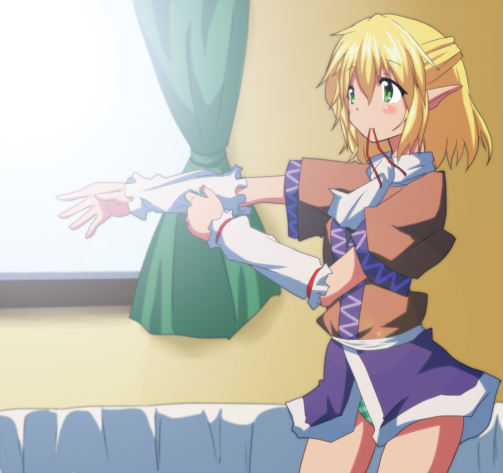 suna (sunaipu), sunaipu, mizuhashi parsee, touhou, 1girl, arm warmers, blonde hair, dressing, female focus, green eyes, half updo, panties, pointy ears, solo, striped clothes, striped panties, underwear