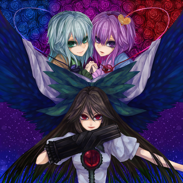 koushi rokushiro, komeiji koishi, komeiji satori, reiuji utsuho, touhou, silver hair, bad id, bad pixiv id, 3girls, alternate weapon, arm cannon, black hair, blue flower, blue rose, bow, cape, female focus, flower, green eyes, hair bow, heart, multiple girls, pink hair, purple eyes, purple flower, purple rose, red eyes, rose, short hair, siblings, sisters, weapon, wings