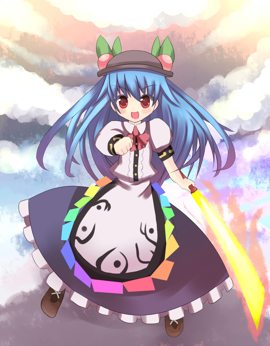 tsunono, hinanawi tenshi, touhou, highres, 1girl, blue hair, cloud, female focus, food, fruit, full body, hat, leaf, outdoors, peach, red eyes, sky, solo, standing, sword, sword of hisou, weapon