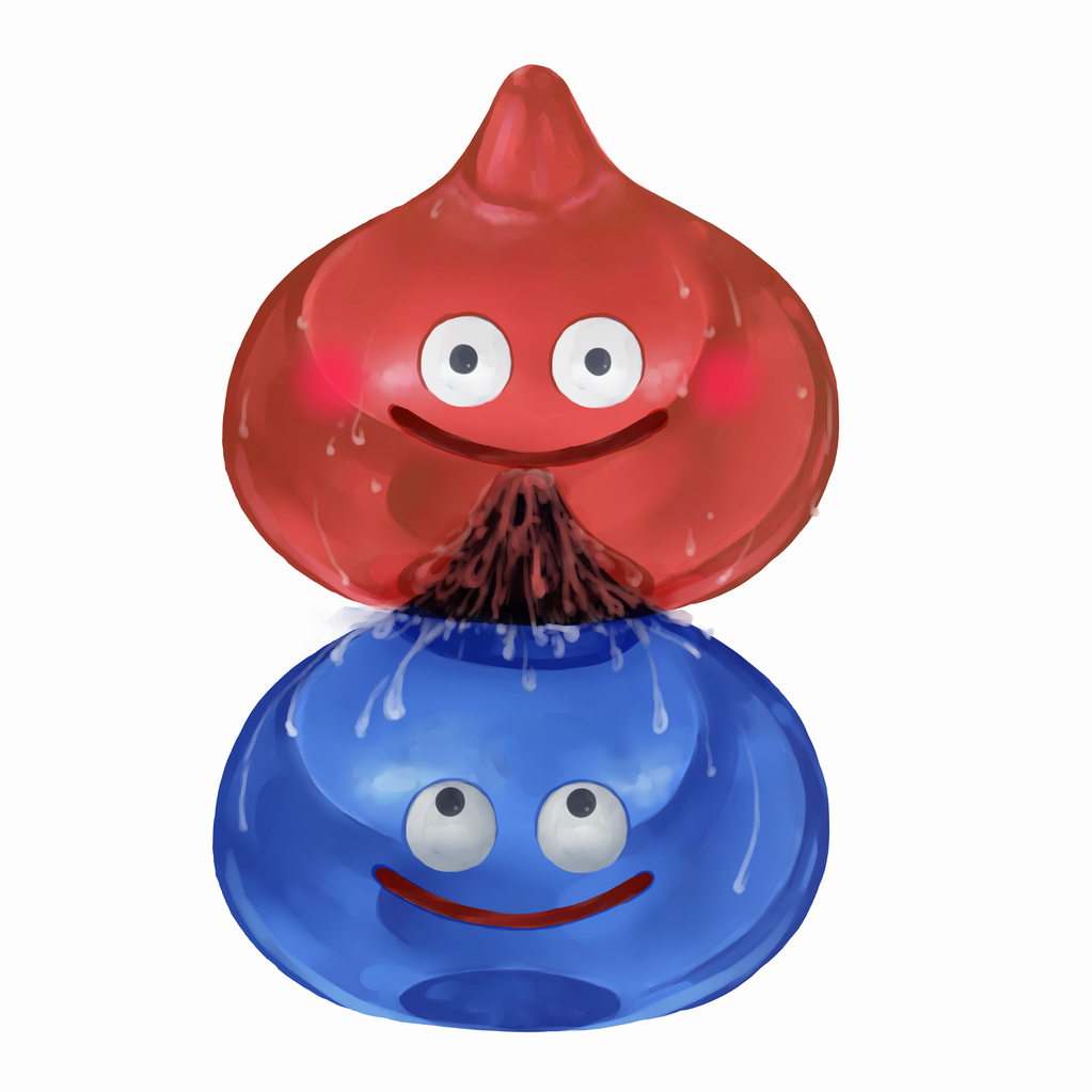 koushi rokushiro, she-slime, slime (dragon quest), dragon quest, bad id, bad pixiv id, :d, animal, animal sexualization, black eyes, blue skin, colored skin, cum, cum in pussy, cum on body, cum on upper body, cum overflow, cumdrip, furry, happy sex, interspecies, looking at viewer, looking up, monster, no humans, o o, on head, open mouth, red skin, sex, simple background, smile, transparent, what, white background