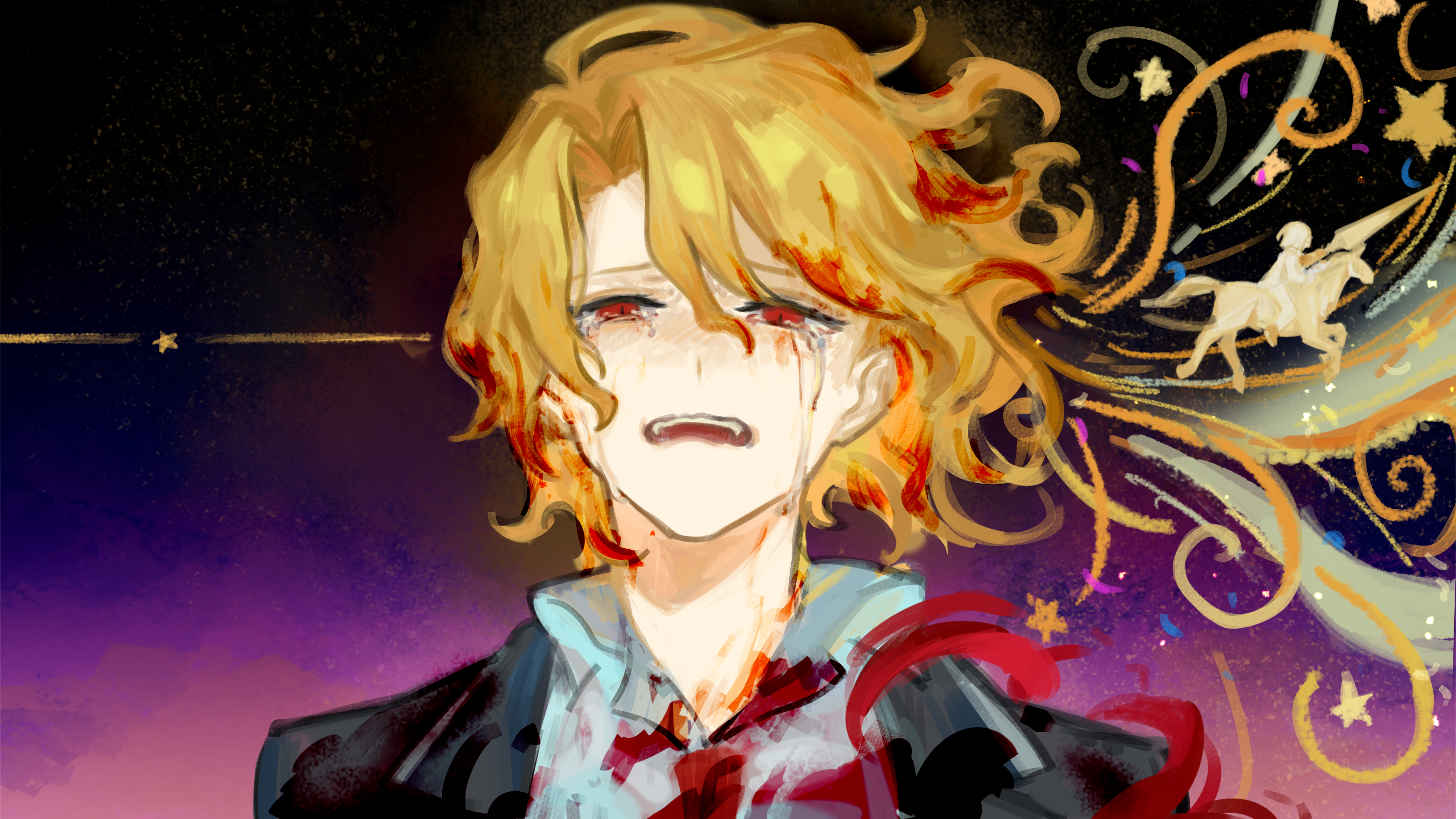 nishikujic, don quixote (project moon), limbus company, project moon, absurdres, highres, 1girl, black coat, blonde hair, blood, blood in hair, blood on clothes, blood on face, coat, crying, crying with eyes open, curtained hair, d:, half-closed eyes, headshot, horseback riding, lance, looking at viewer, open mouth, polearm, popped collar, red eyes, riding, shirt, short hair, solo, star (symbol), swirl, tears, upper body, weapon, white shirt