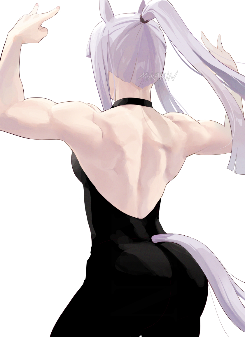 mukakin, gold ship (umamusume), umamusume, commentary request, 1girl, n/, animal ears, arms up, artist name, ass, back, black hair, cowboy shot, facing away, from behind, grey hair, hair tie, horse ears, horse girl, horse tail, long hair, ponytail, simple background, solo, tail, toned, toned female, white background