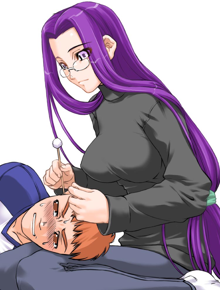 shinama, emiya shirou, medusa (fate), medusa (rider) (fate), fate/stay night, fate (series), type-moon, jpeg artifacts, 00s, 1boy, 1girl, blush, ear cleaning, glasses, lap pillow, long hair, low-tied long hair, mimikaki, purple hair, raglan sleeves, simple background, square pupils, very long hair, white background