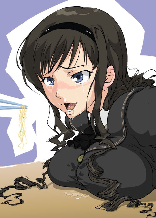 kuma kichi, morishima haruka, amagami, 1girl, blazer, blue eyes, blush, breast press, breast rest, breasts, curly hair, feeding, female focus, food, headband, jacket, large breasts, long hair, noodles, open mouth, ramen, solo, tongue