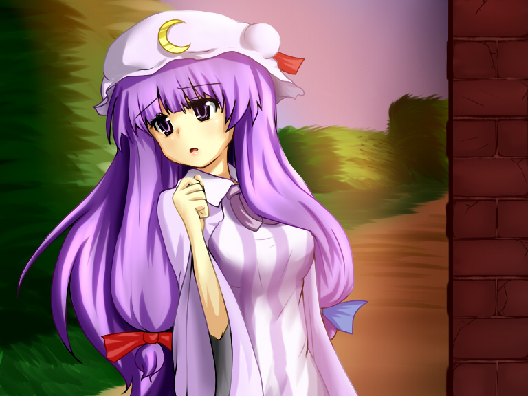miki purasu, patchouli knowledge, touhou, 1girl, female focus, hat, nature, outdoors, purple eyes, purple hair, sky, solo