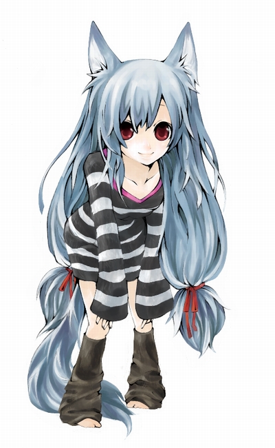 koushi rokushiro, original, striped, bad id, bad pixiv id, animal ears, fox ears, grey hair, leg warmers, long hair, prison clothes, red eyes, solo, twintails, very long hair