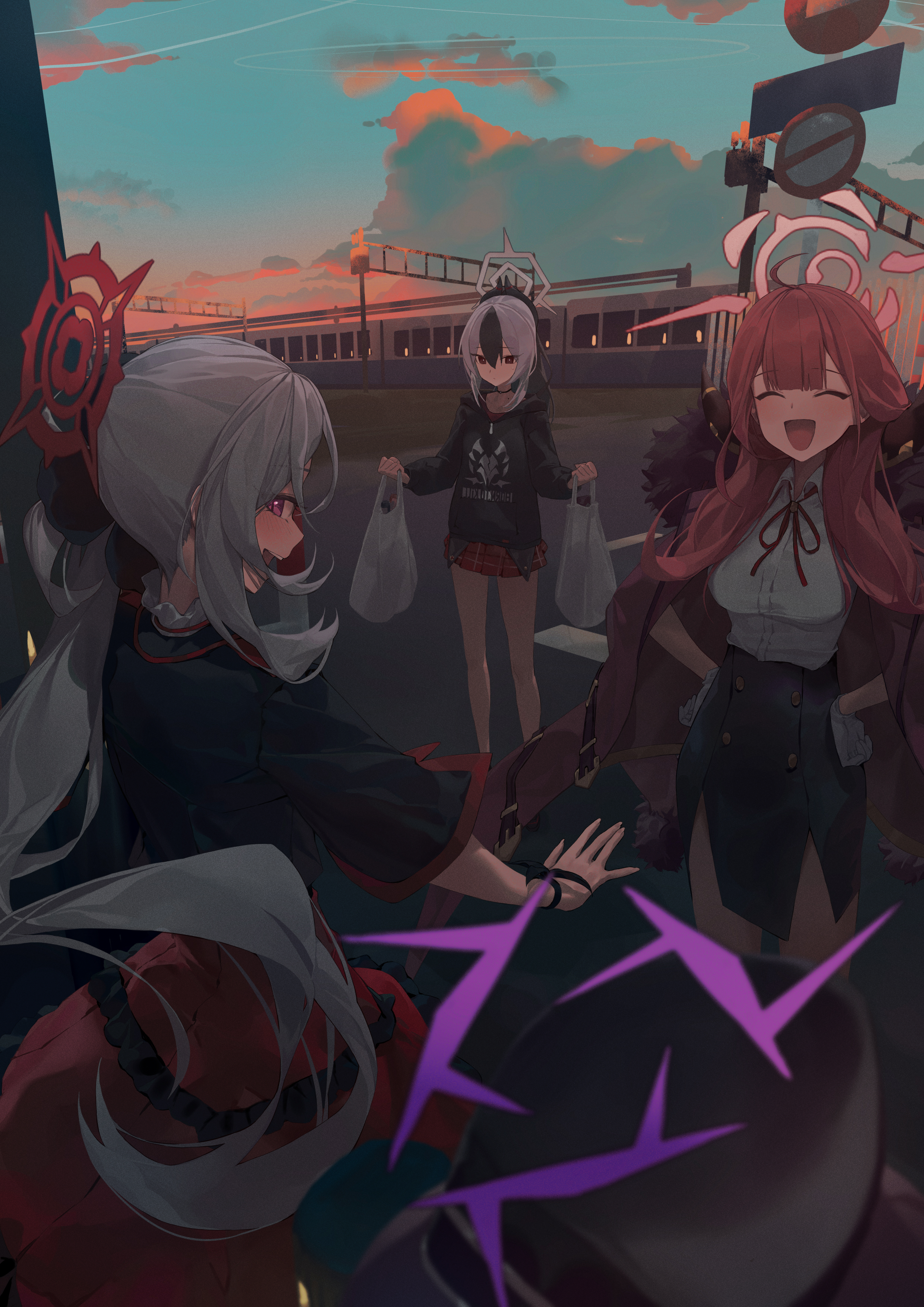 zhihuigugudegezi, aru (blue archive), haruka (blue archive), kayoko (blue archive), mutsuki (blue archive), blue archive, absurdres, highres, revision, 4girls, bag, black hair, black hat, black hoodie, black scrunchie, black shirt, black skirt, blush, closed eyes, closed mouth, coat, coat on shoulders, evening, fur collar, gloves, grey hair, grey halo, hair between eyes, hair ornament, hair scrunchie, halo, hands on own hips, hat, high-waist skirt, holding, holding bag, hood, hoodie, long hair, multicolored hair, multiple girls, open mouth, outdoors, pink halo, plaid clothes, plaid skirt, plastic bag, ponytail, problem solver 68 (blue archive), purple halo, red coat, red eyes, red hair, red halo, red skirt, scrunchie, shirt, side ponytail, side slit, sidelocks, skirt, train, two-tone hair, white gloves, white shirt
