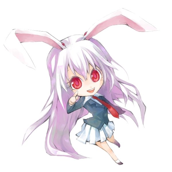 koushi rokushiro, reisen udongein inaba, touhou, light purple hair, bad id, bad pixiv id, 1girl, animal ears, blazer, chibi, female focus, jacket, long hair, necktie, pleated skirt, rabbit ears, red eyes, red necktie, skirt, solo