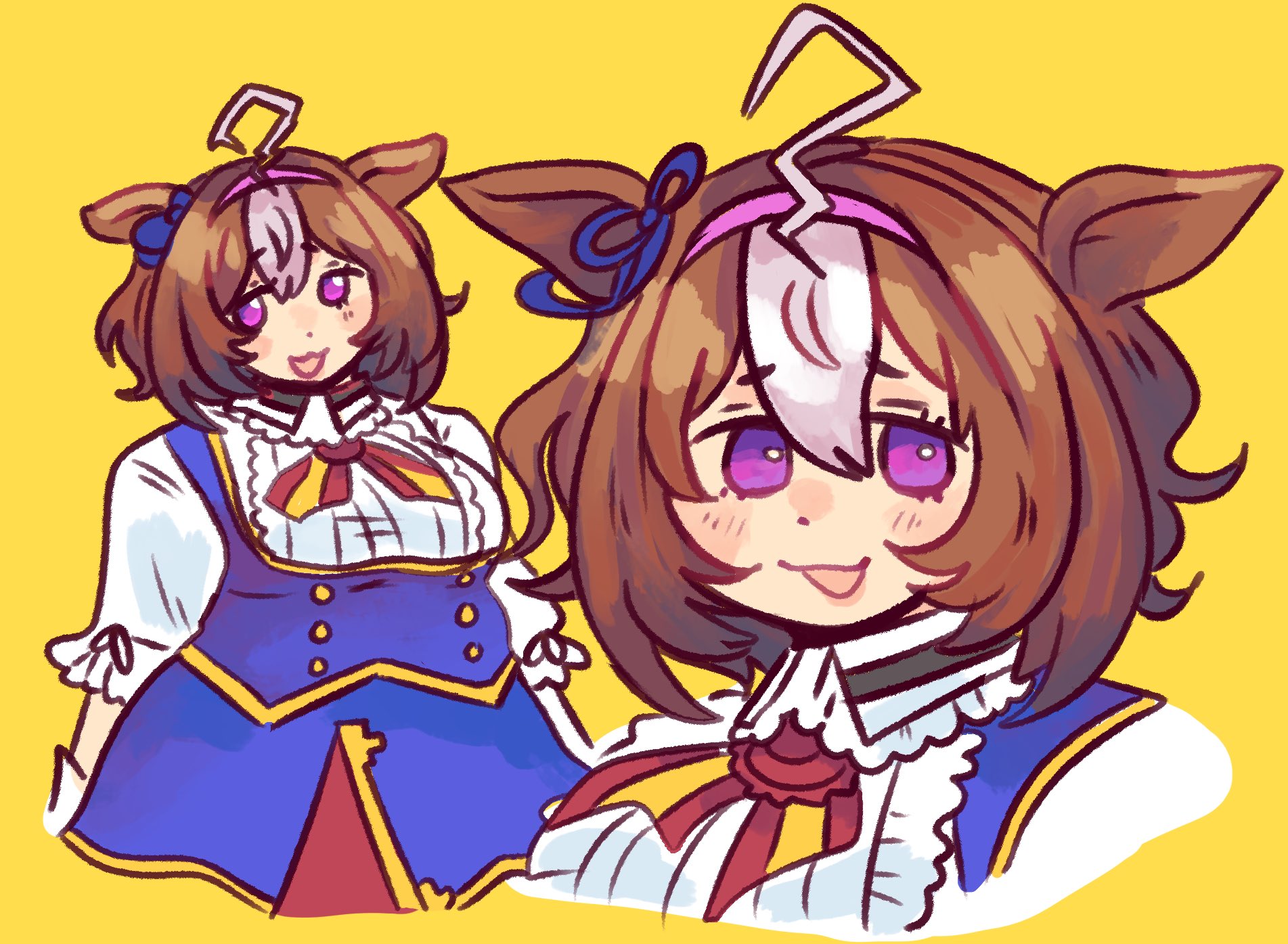 hoshizora lone, meisho doto (umamusume), umamusume, commentary, english commentary, highres, 1girl, :3, ahoge, animal ears, blue ribbon, blue skirt, blush, bow, bowtie, breasts, brown hair, close-up, ear ribbon, gloves, hair between eyes, hairband, horse ears, horse girl, large breasts, long sleeves, looking to the side, medium hair, meisho doto (turbulent blue) (umamusume), multicolored hair, multiple views, open mouth, pink hairband, plump, purple eyes, ribbon, shirt, simple background, skirt, smile, two-tone hair, white shirt, yellow background