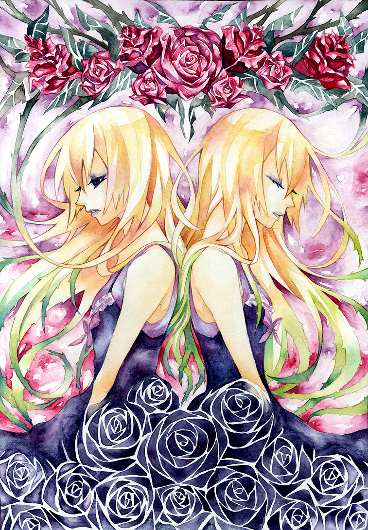 koushi rokushiro, original, bad id, bad pixiv id, 2girls, bare shoulders, blonde hair, flower, multicolored hair, multiple girls, rose, siblings, sisters, twins, two-tone hair