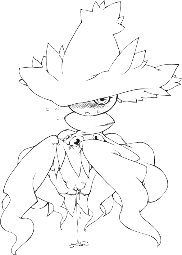 nezunezu, mismagius, nintendo, pokemon, 1girl, female focus, gen 4 pokemon, hat, monochrome, personification, pussy, pussy juice, simple background, solo, uncensored, white background
