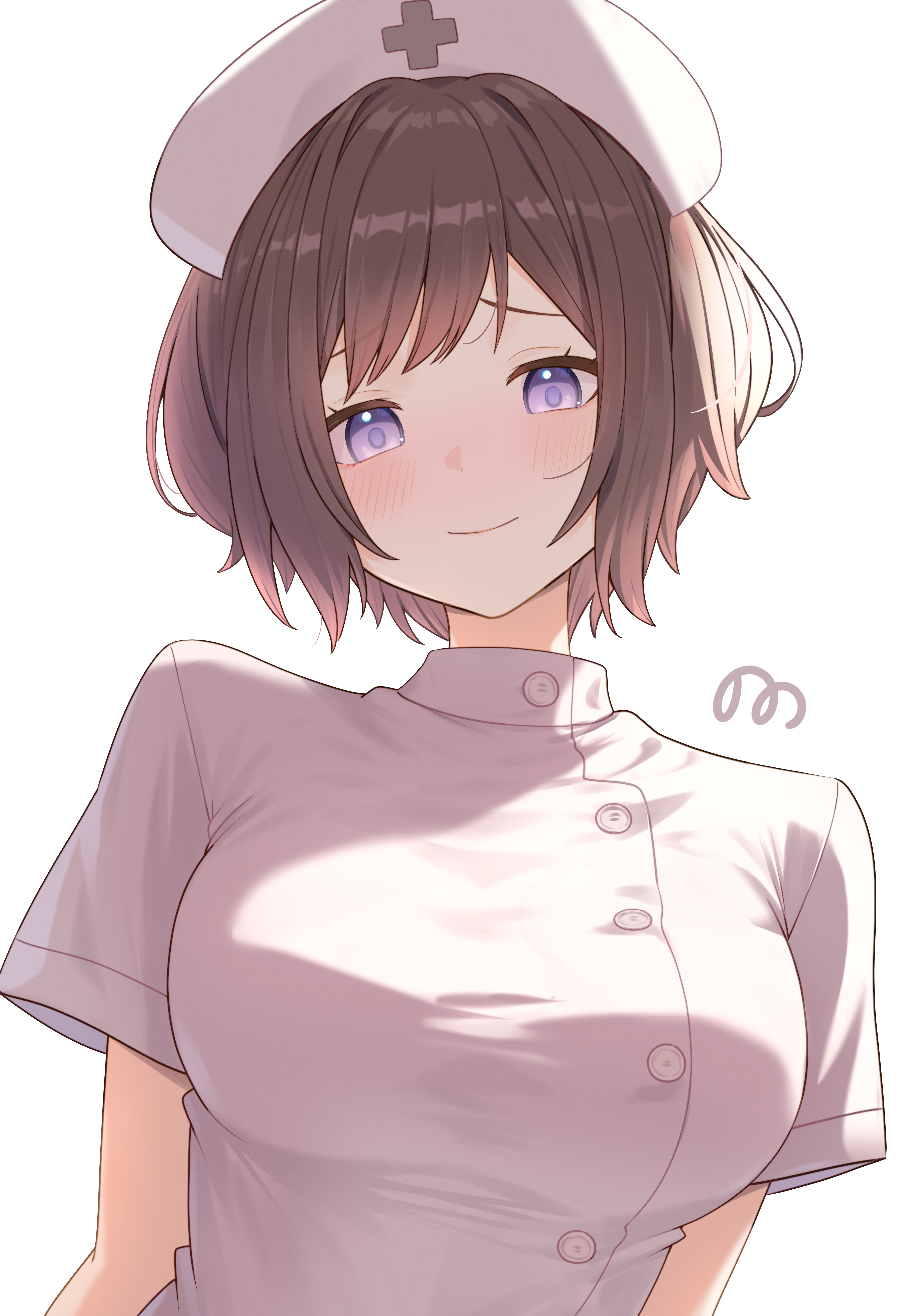 07nono06, neo asari, gakuen idolmaster, idolmaster, absurdres, commentary, highres, 1girl, alternate costume, artist name, blush, breasts, brown hair, buttons, hat, looking at viewer, medium breasts, nurse cap, purple eyes, shirt, short hair, short sleeves, signature, simple background, smile, solo, upper body, white background, white shirt