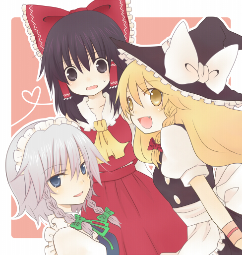 sakeko, hakurei reimu, izayoi sakuya, kirisame marisa, touhou, bad id, bad pixiv id, 3girls, braid, female focus, hairband, hat, japanese clothes, maid, miko, multiple girls, ribbon, short hair, skirt, twin braids, upper body, witch, witch hat
