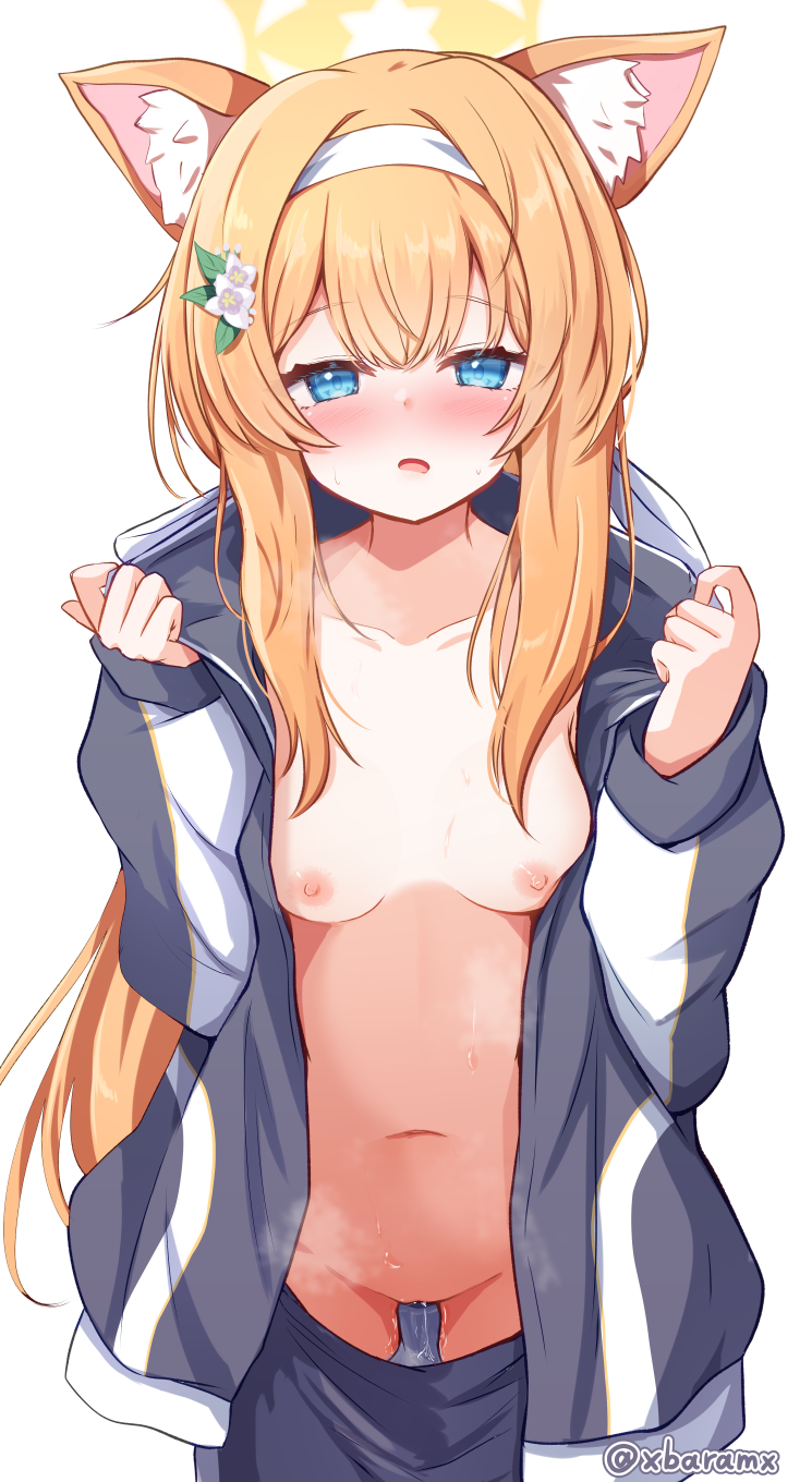 baram, mari (blue archive), mari (track) (blue archive), blue archive, commentary request, highres, paid reward available, 1girl, animal ear fluff, animal ears, artist name, blue eyes, blue jacket, blue shorts, blush, breasts, cat ears, clothes pull, collarbone, flower, gym uniform, hair flower, hair ornament, hairband, halo, hands up, jacket, long hair, long sleeves, looking at viewer, navel, nipples, no shirt, nose blush, official alternate costume, open clothes, open jacket, open mouth, orange hair, ponytail, puffy long sleeves, puffy sleeves, pussy juice, shorts, shorts pull, sidelocks, simple background, sleeves past wrists, small breasts, solo, straight-on, track jacket, twitter username, white background, white hairband, yellow halo