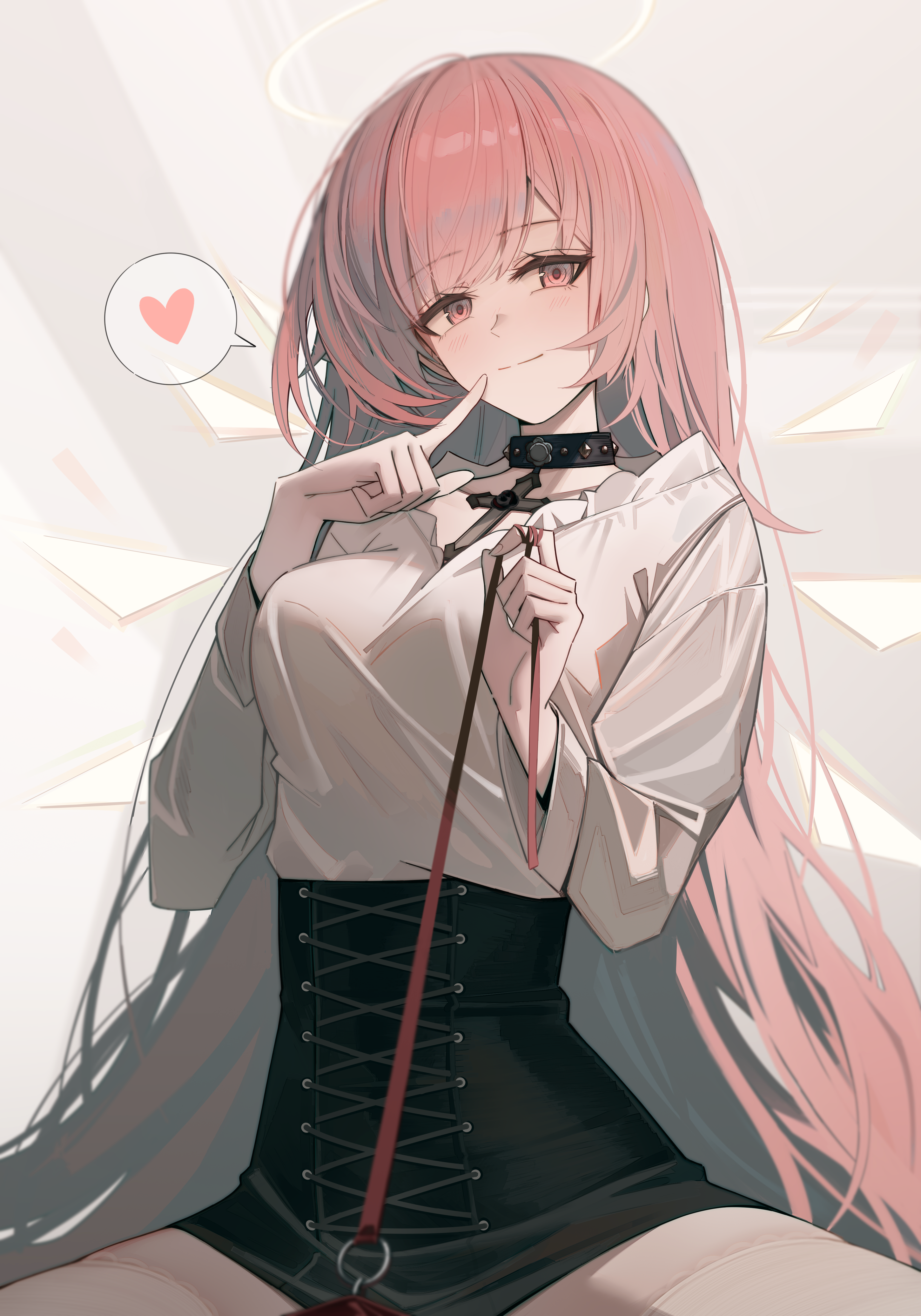 shokuyou koori, lemuen (arknights), arknights, absurdres, commentary request, highres, revision, 1girl, black collar, black skirt, breasts, collar, cross, detached wings, halo, heart, high-waist skirt, holding, holding leash, large breasts, leash, long hair, long sleeves, looking at viewer, pink hair, pov, shirt, shirt tucked in, skirt, smile, solo, spoken heart, traditional halo, viewer on leash, white shirt, wings