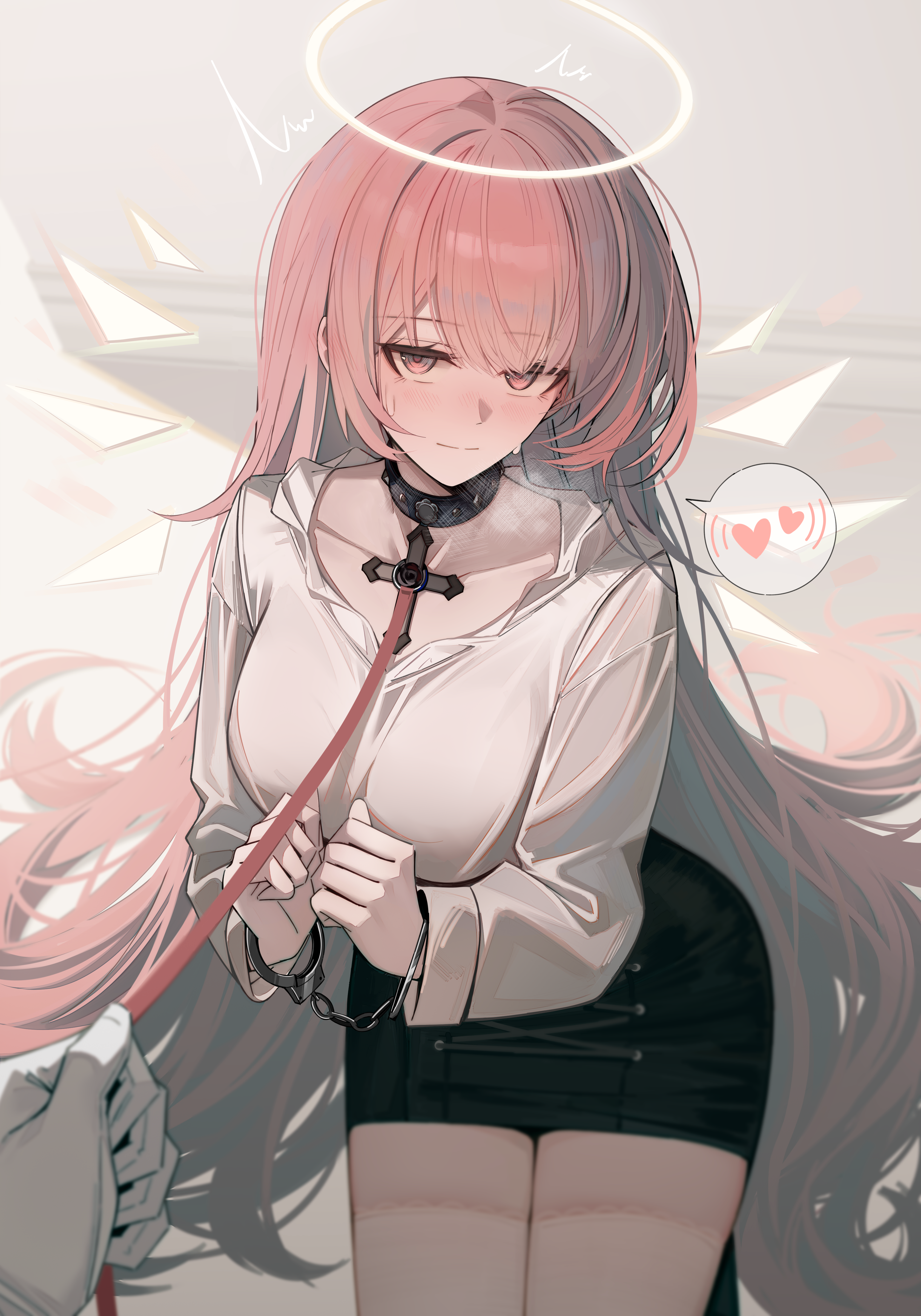 shokuyou koori, lemuen (arknights), arknights, absurdres, commentary request, highres, revision, 1girl, bdsm, black collar, black skirt, breasts, collar, collarbone, cross, cuffs, detached wings, halo, handcuffs, heart, high-waist skirt, holding, holding leash, large breasts, latin cross, leash, long hair, long sleeves, looking at viewer, pink hair, pov, restrained, shirt, shirt tucked in, skirt, smile, solo focus, thighhighs, traditional halo, very long hair, viewer holding leash, white shirt, white thighhighs, wings