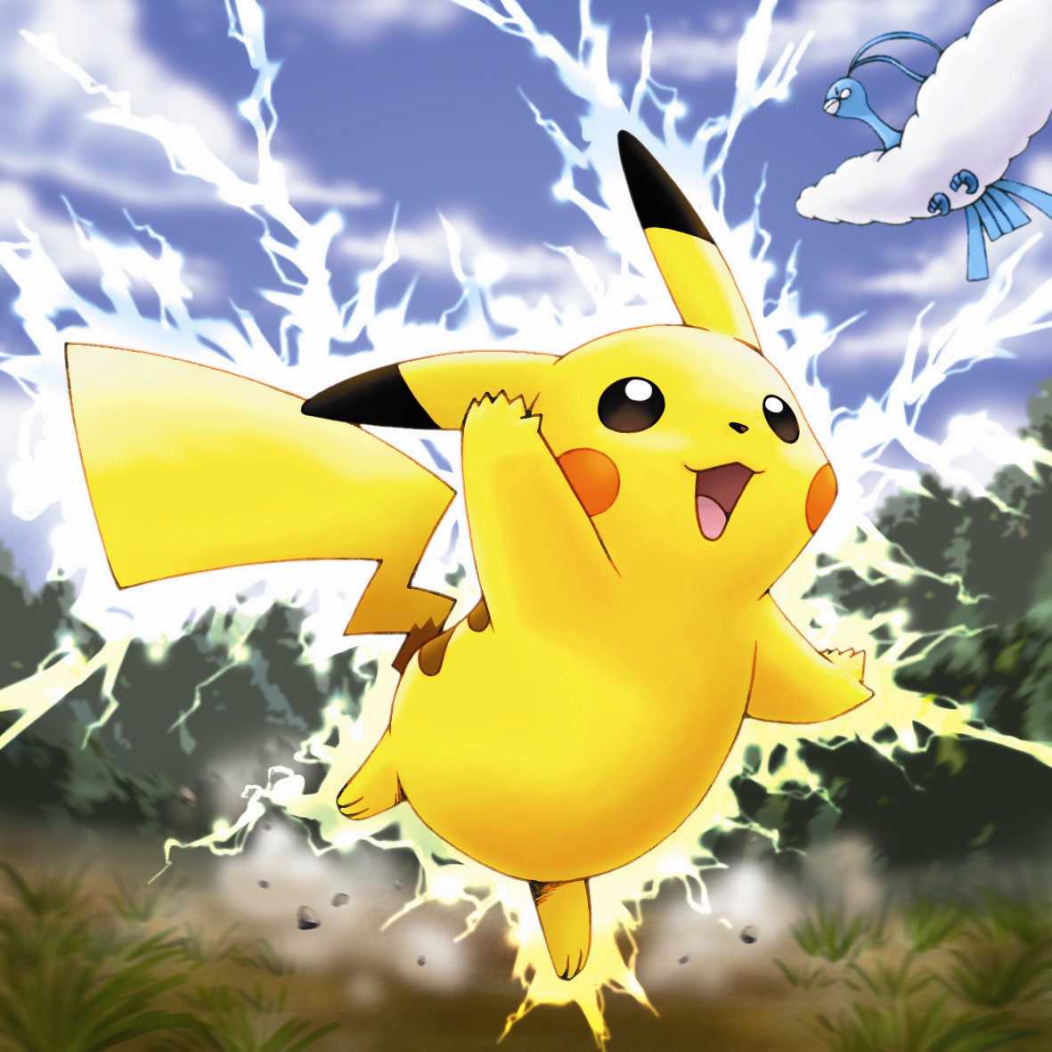 altaria, pikachu, nintendo, pokemon, official art, cloud, day, electricity, gen 1 pokemon, gen 3 pokemon, lightning, no humans, pokemon (creature), sky