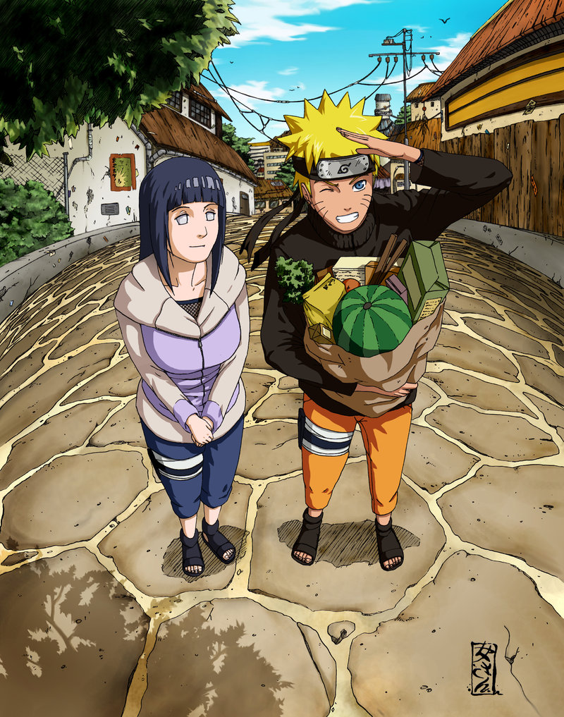 kunoichi-san, hyuuga hinata, uzumaki naruto, naruto, bag, blonde hair, blue eyes, blue hair, couple, fisheye, fishnets, food, forehead protector, fruit, groceries, long hair, power lines, road, salute, sandals, shading eyes, smile, street, watermelon, white eyes, wink