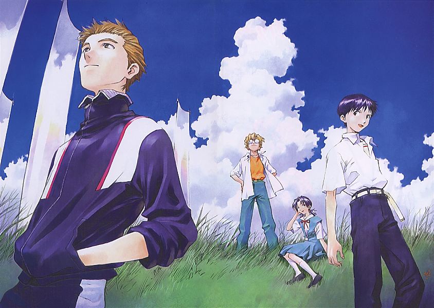 sadamoto yoshiyuki, aida kensuke, horaki hikari, ikari shinji, suzuhara touji, neon genesis evangelion, official art, 1girl, 3boys, blouse, cloud, collared shirt, day, dress, glasses, grass, hand on own head, hands on own hips, high collar, kneehighs, multiple boys, open clothes, open shirt, orange shirt, outdoors, pinafore dress, round eyewear, school uniform, shirt, sitting, sky, sleeveless, sleeveless dress, smile, socks, standing, white shirt, white socks