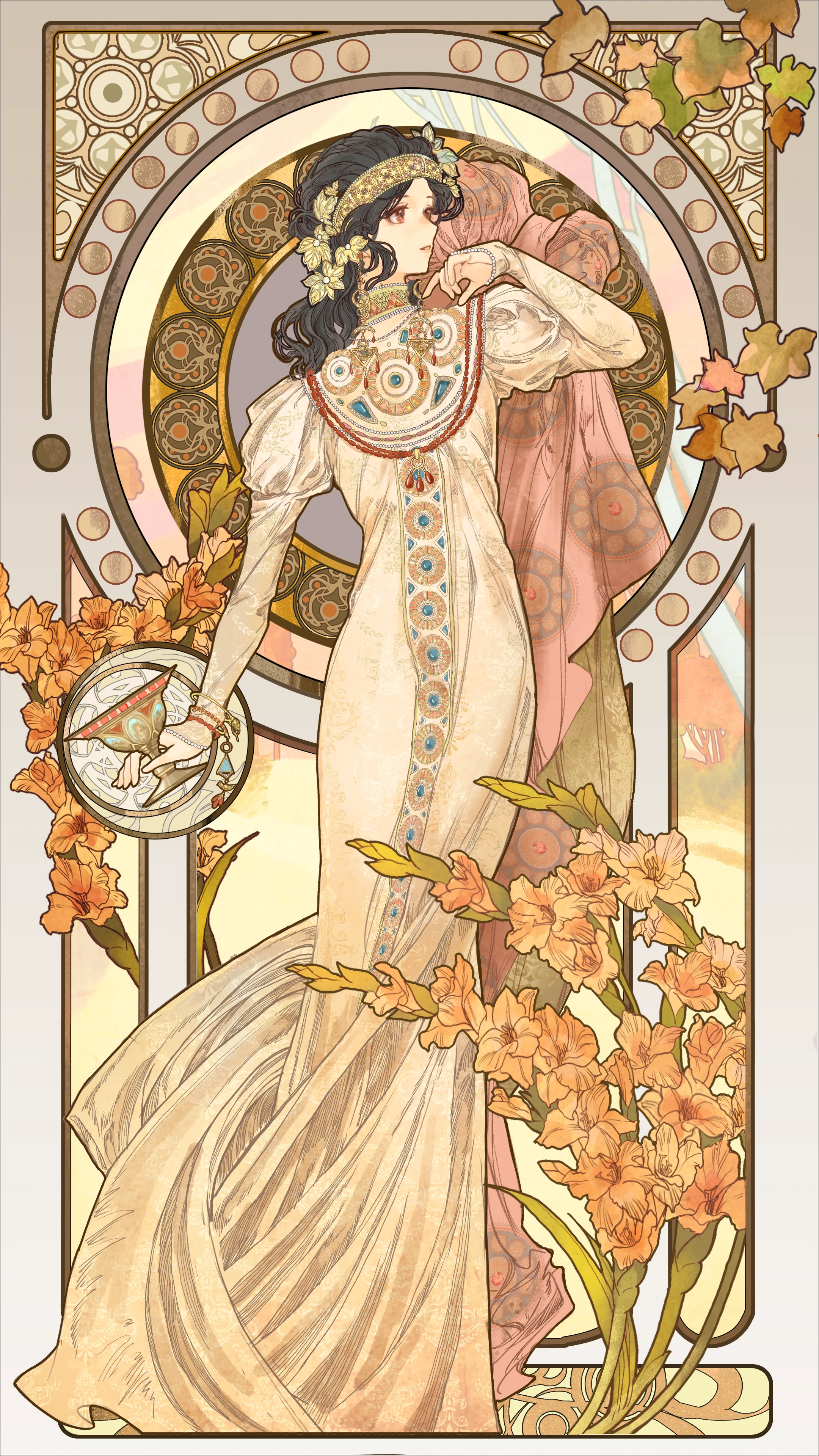 nikki (series), shining nikki, absurdres, highres, official art, 1girl, art nouveau, black hair, border, brown eyes, choker, cup, dress, earrings, flower, full body, grin, hair ornament, hand up, headband, holding, holding cup, jewelry, juliet sleeves, leaf, leaf hair ornament, long dress, long hair, long sleeves, looking to the side, orange flower, ornate border, outside border, profile, puffy sleeves, smile, solo, yellow choker, yellow dress, yellow headband