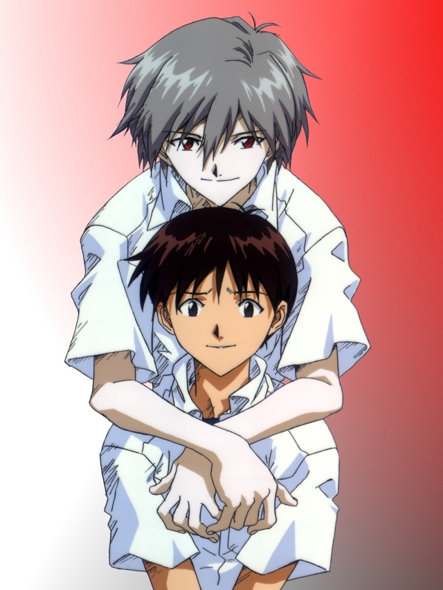ikari shinji, nagisa kaworu, neon genesis evangelion, silver hair, 2boys, androgynous, blue eyes, brown hair, embarrassed, hug, hug from behind, male focus, multiple boys, pale skin, red eyes, school uniform, shirt, sitting, smile, yaoi