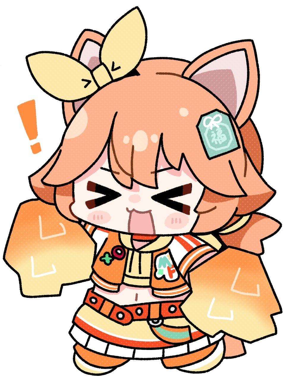 temu (kobaeihuk), matikanefukukitaru (umamusume), umamusume, highres, !, > <, 1girl, alternate costume, animal ears, belt, blush, blush stickers, bow, cheerleader, chibi, chibi only, choker, ear bow, ear ornament, hair between eyes, hair ornament, holding, holding pom poms, hood, hoodie, horse ears, horse girl, horse tail, jacket, midriff, navel, open mouth, orange belt, orange choker, orange hair, orange jacket, orange skirt, pom pom (cheerleading), pom poms, simple background, skirt, solo, tail, white background, yellow hoodie