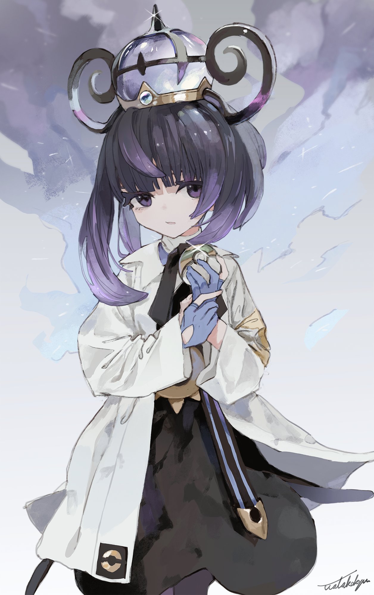 watakokyu, gwynn (pokemon), nintendo, pokemon, pokemon legends: z-a, highres, 1girl, belt, black dress, black hair, blunt bangs, coat, dress, hat, holding, holding poke ball, nest ball, o-ring, o-ring belt, open clothes, open coat, poke ball, purple eyes, purple hair, short hair, solo, white coat