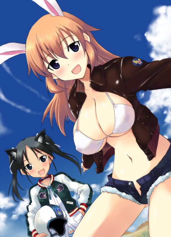 kyogoku shin, charlotte e. yeager, francesca lucchini, strike witches, world witches series, bad id, bad pixiv id, 00s, 2girls, animal ears, bikini, blush, bomber jacket, breasts, cat ears, cleavage, day, denim, denim shorts, helmet, jacket, large breasts, multiple girls, navel, no panties, open clothes, open fly, open jacket, open shorts, rabbit ears, rabbit girl, shorts, swimsuit, twintails, unzipped