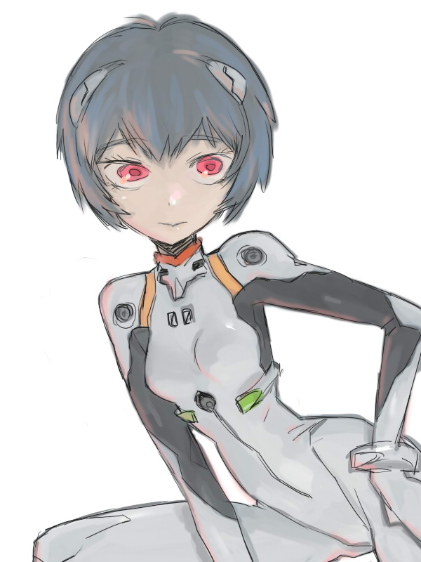 kusada, ayanami rei, neon genesis evangelion, 1girl, blue hair, bodysuit, breasts, female focus, hair ornament, mecha pilot suit, pale skin, plugsuit (evangelion), red eyes, short hair, sketch, small breasts, solo, white background