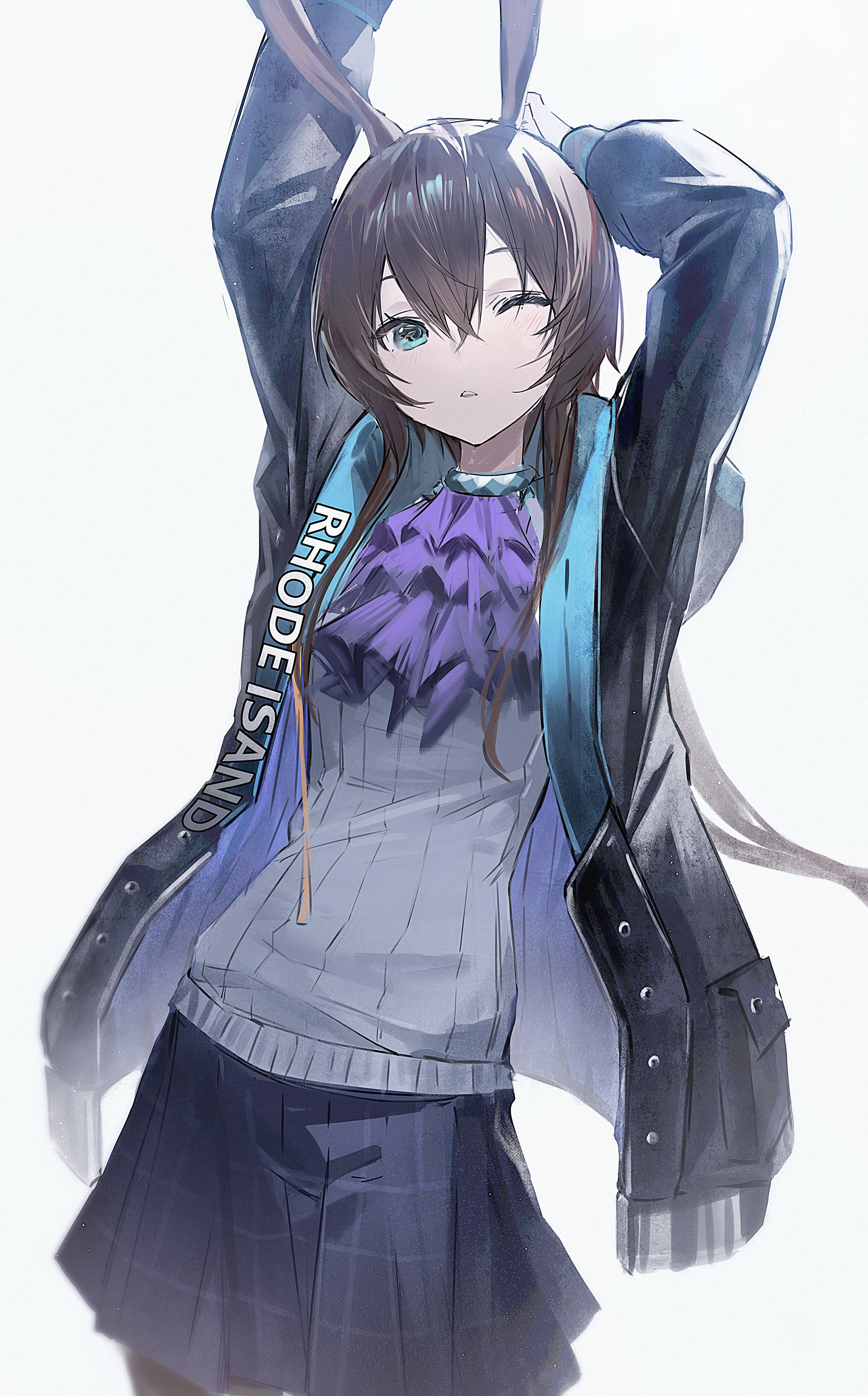 kino (user scft3885), amiya (arknights), arknights, absurdres, highres, 1girl, animal ear fluff, animal ears, arms up, ascot, black jacket, black pantyhose, blue eyes, blue skirt, blush, brown hair, hair between eyes, jacket, long hair, looking at viewer, one eye closed, open clothes, open jacket, pantyhose, pleated skirt, purple ascot, rabbit ears, rabbit girl, sidelocks, skirt, solo, sweater, white sweater