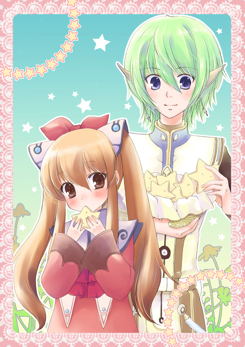 mika mikan, faize scheifa beleth, lymle lemuri phi, star ocean, star ocean: the last hope, bad id, bad pixiv id, 1boy, 1girl, bishounen, blush, brown eyes, brown hair, green hair, nature, outdoors, plant, purple eyes, sky, star (symbol)