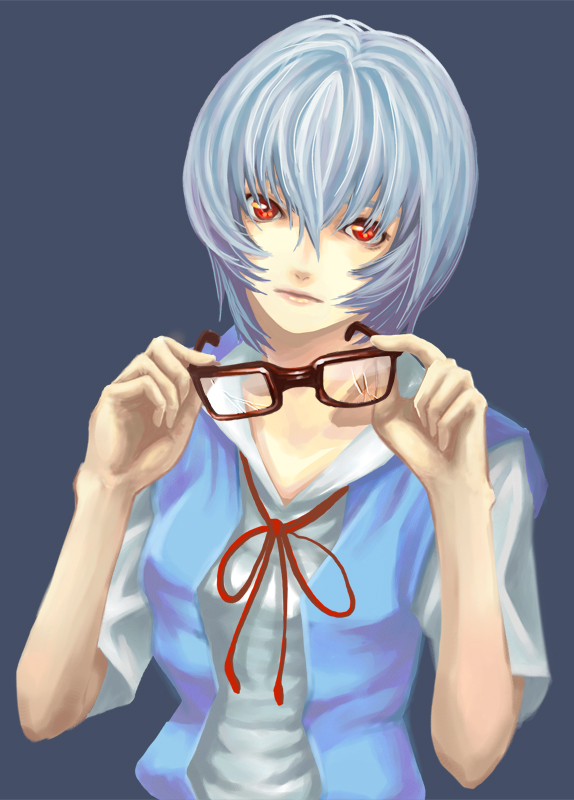 ayanami rei, neon genesis evangelion, albino, blue hair, broken, broken eyewear, glasses, pale skin, red eyes, school uniform, short hair, solo