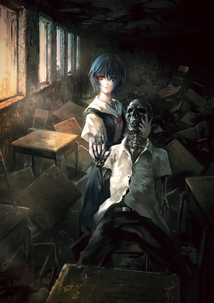 ayanami rei, neon genesis evangelion, blue hair, death, holding hands, pale skin, red eyes, school uniform, short hair, skeleton