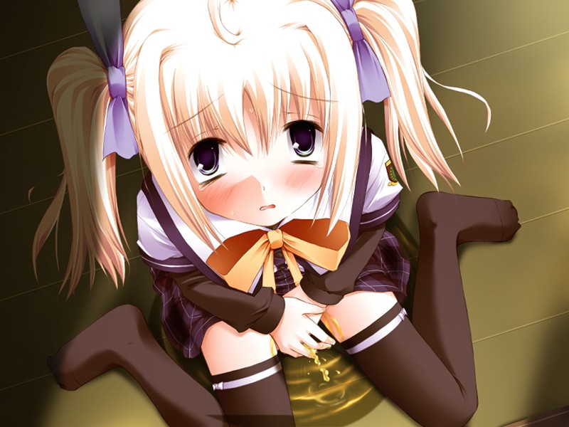 onnanoko suwari, mikoshiba rio, clover heart's, 1girl, ahoge, black eyes, black shirt, black skirt, black thighhighs, blonde hair, blush, bow, bowtie, embarrassed, hair ribbon, loli, long hair, long sleeves, looking at viewer, open mouth, peeing, peeing self, plaid clothes, plaid skirt, puddle, ribbon, school uniform, shirt, skirt, tears, thighhighs, twintails, yellow bow, yellow bowtie, zettai ryouiki