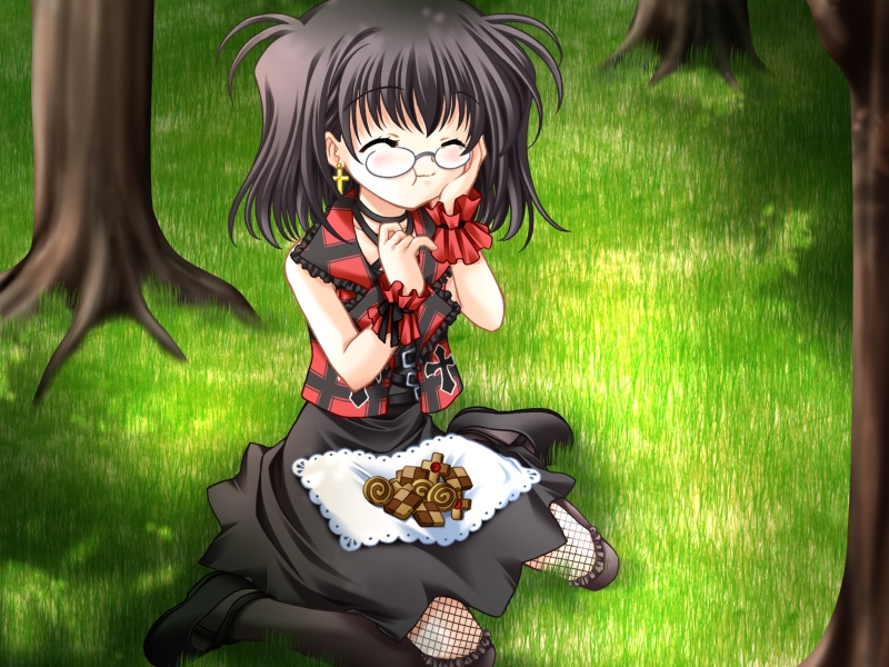 nimura yuuji, natsuki (triptych), saiga (company), triptych, game cg, 1girl, black hair, blush, closed eyes, cookie, cross, dress, earrings, female focus, fishnets, food, forest, glasses, grass, jewelry, nature, necktie, outdoors, plaid clothes, plaid skirt, punk, skirt, solo, thighhighs