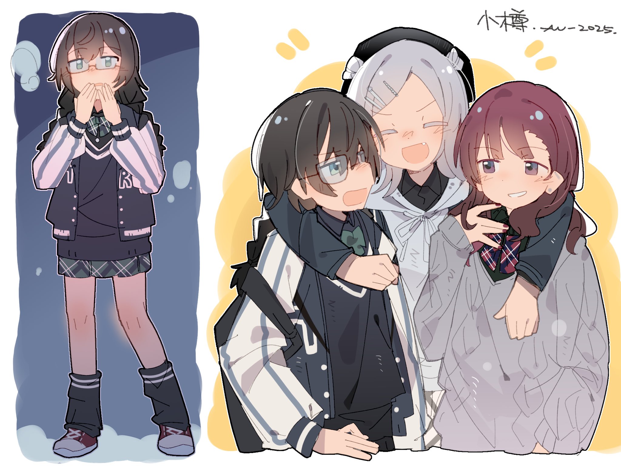 nimingduz, hanakuma chifuyu, koharu rikka, natsuki karin, synthesizer v, commentary, highres, symbol-only commentary, >:), 3girls, :d, alternate costume, alternate hairstyle, angry, arms around neck, bag, baseball jersey, beret, black bag, black hair, black shirt, blunt ends, blush, bow, braid, brown hair, checkered bow, checkered clothes, checkered skirt, cold, collared shirt, colored eyelashes, double bun, earrings, fang, full body, glasses, green hair, grey hair, grey sweater, hair bun, hair down, hair ornament, hairclip, happy, hat, hood, hoodie, jersey, jewelry, long hair, long sleeves, loose clothes, loose socks, miniskirt, multiple girls, multiple views, nail polish, neck ribbon, open mouth, puff of air, purple eyes, red nails, ribbed sweater, ribbon, shirt, shoes, signature, skirt, smile, sneakers, socks, sweater, sweater vest, swept bangs, twin braids, v-shaped eyebrows, vertical-striped sleeves, warming hands, wavy hair, white hoodie