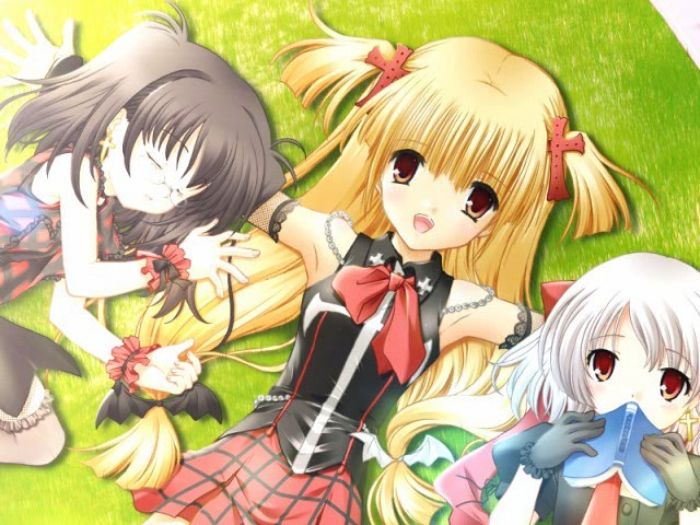 nimura yuuji, karen (triptych), natsuki (triptych), riona, riona (triptych), saiga (company), triptych, silver hair, game cg, 3girls, black hair, blonde hair, book, brown eyes, dress, glasses, gothic lolita, laughing, lolita fashion, multiple girls, necktie, plaid clothes, plaid skirt, red eyes, ribbon, skirt, sleeping, twintails